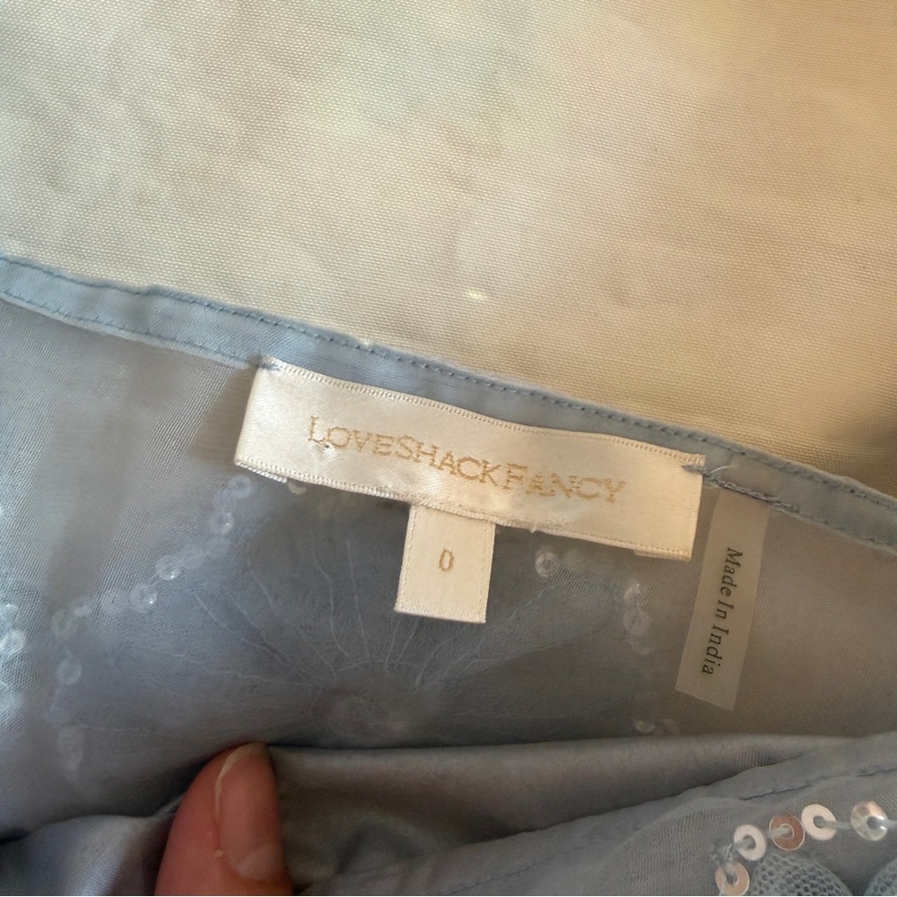 LOVESHACKFANCY- Wells Appliquéd Organza Mini Dress In Blue Size 0 Sheer Sleeve - Picture 8 of 9